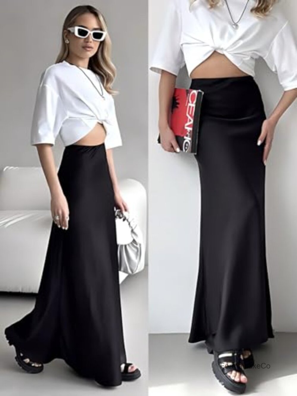 Satin Maxi Skirt High Waisted A-Line Flowy Ankle Length - Picture 2 of 6